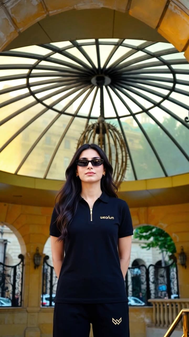 Woman in sunglasses under a glass dome in a Wearium campaign image