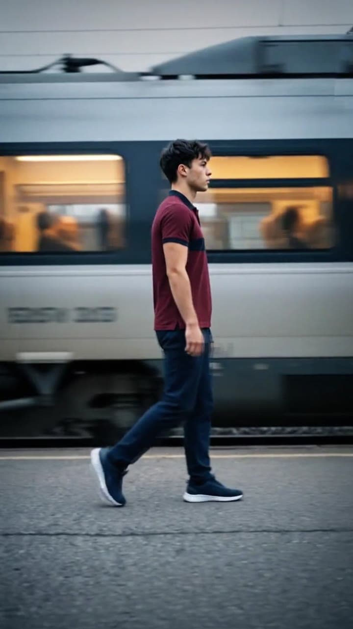 Man walking past a moving train in a Wearium video still