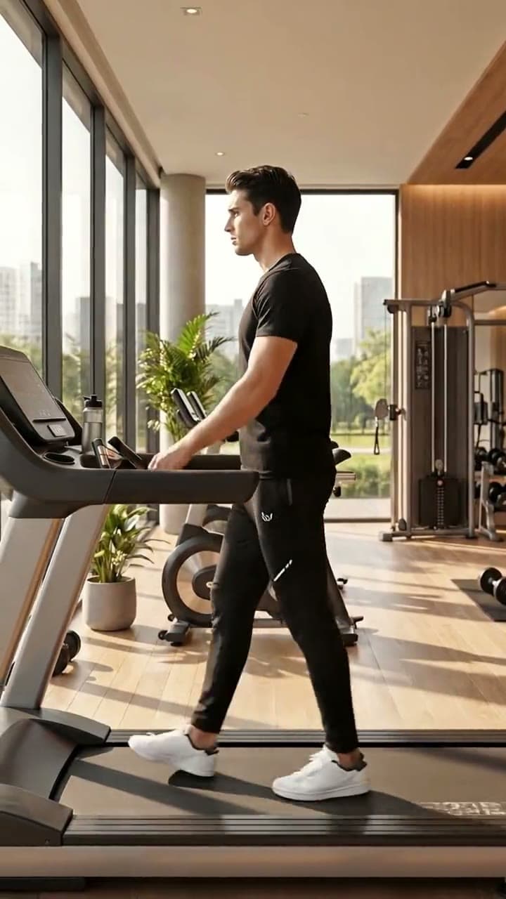 Man walking on a treadmill in a sunlit gym with a glitch transition