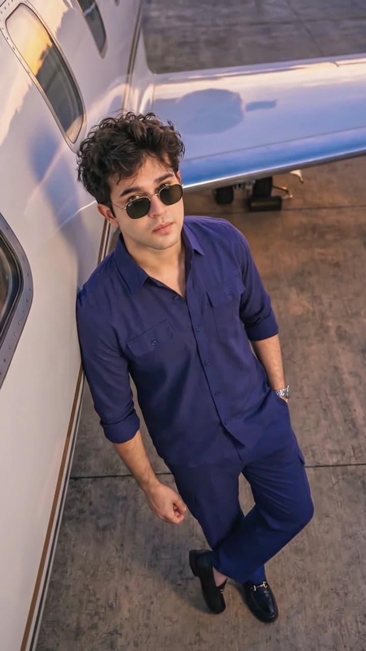 Man in navy shirt beside a private jet