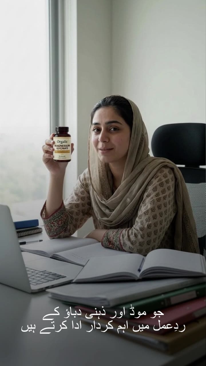 Woman holding an Orgalis supplement bottle at her desk